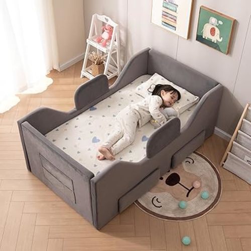 Toddler Bed Frame with 2 Drawer and Storage Bag, Kids Bed with Removable Safety Rails, Standard Crib Size Portable Beds, Safety Upholstered Child Beds for 1-6 Years Old