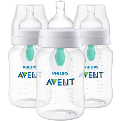 Philips Avent Anti-Colic Baby Bottle with AirFree Vent, 9oz, with Flow 2 Nipples, 1m+, 4pk, Clear, SCY703/04