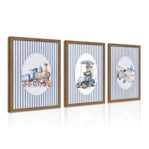 Framed Vintage Transportation Canvas Wall Art Set of 3, Rustic Farmhouse Baby Boy Bedroom Wall Decor, Blue Nursery Prints Poster Painting, Woodland Kids Playroom Decor Artwork 12x16 Inch