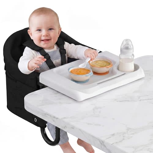 Portable Hook On High Chair with Tray for Baby & Toddler,Space-Saving Clip On Travel High Chair,Detachable Washable Seat Cover,Feeding Seat for Dining Table & Counter,with Carry Bag(Black)