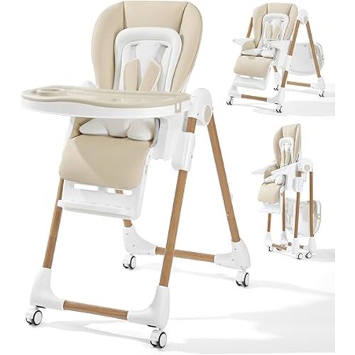 Mallify Foldable High Chairs for Babies and Toddlers, 3-in-1 Convertible Baby High Chair with Removable Soft Cushion and Tray, Adjustable Height & Recline, Lockable Wheels, Cream