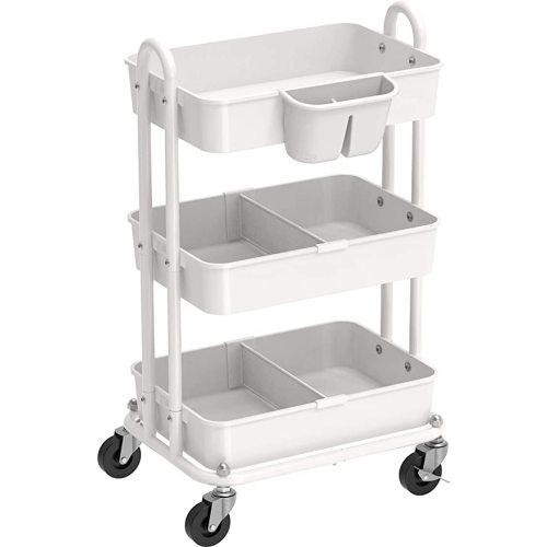 Simple Houseware 3-Tier Kitchen Cart Multifunctional Rolling Utility Cart with 2 dividers and Hanging Bucket, White