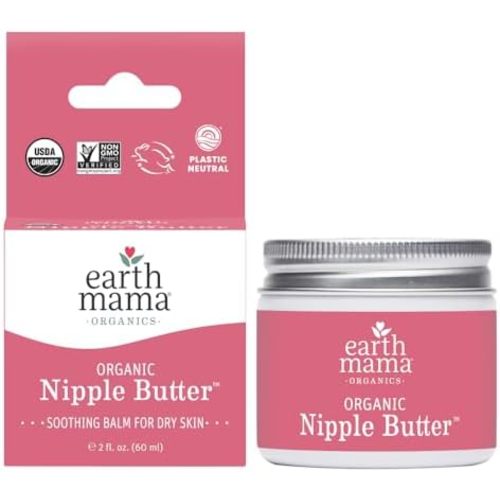 Earth Mama Beurre de mamelon biologique, baume apaisant à base de plantes pour peaux sèches, offre un confort pendant l'allaitement et le pompage, 60 ml