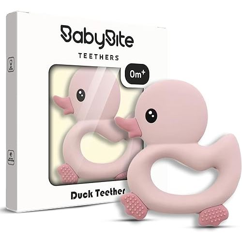 [BabyBite] Baby Teething Toys Cute Duck Teether for Sensory and Developmental Play for Baby and Toddler 100% BPA Free Food Grade Silicone (Pink)