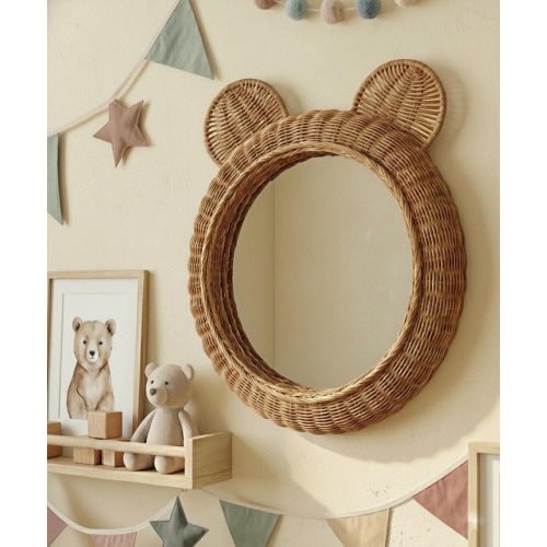 Rattan Bear Mirror – Montessori Boho Nursery Wall Decor(Brown)