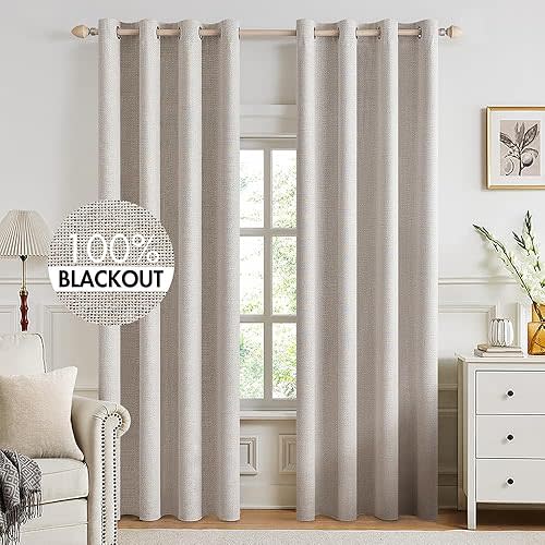 MIULEE 100% Blackout Linen Textured Curtains for Bedroom Solid Thermal Insulated Ivory Grommet Room Darkening Curtains & Drapes Luxury Decor for Living Room Nursery 52 x 94 Inch (2 Panels)