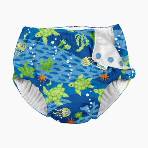 i play by Green Sprouts Snap Reusable Absorbent Swimsuit Diaper - Royal Blue Turtle Journey, 0-6 Months