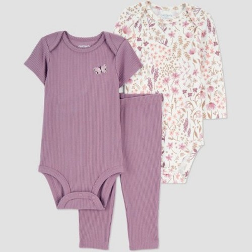 Carter's Just One You® Baby Girls' 3pc Floral Bodysuit Set - Purple 12M