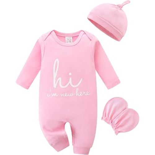 Babymine Cute Newborn Unisex Baby 100% Cotton Long Sleeve Onesie Coming Home Outfits,Soft Romper with Mittens & Hat