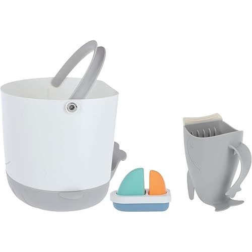 Nuby Bath Essentials Set – Whale Tub Toy Caddy with Non-Slip Tray, Gentle Rinse Pail for Tear-Free Baths & Stackable Boat Toy for Play, Storage & Easy Bath Time Organization
