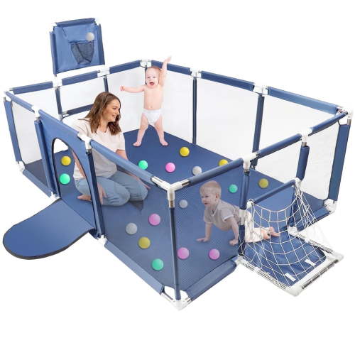 71” x 48” Extra Large Baby Playpen with Basketball Hoop & Soccer Net, No-gap safety Play Yard for Babies & Toddlers, Sturdy Mesh Fence Ball Pit Area, Easy Setup (No Balls)