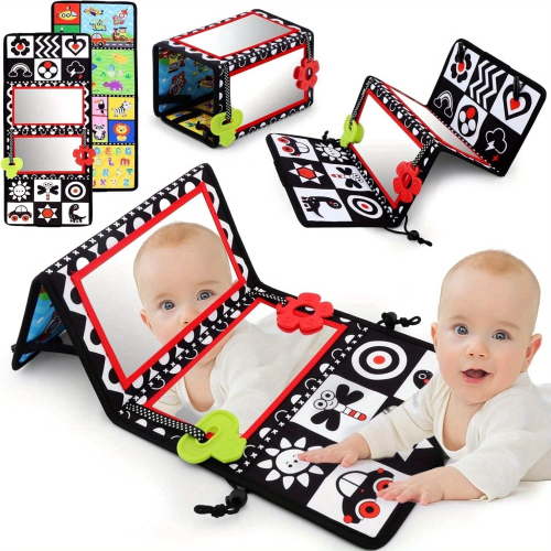 1pcs Tummy Time Mirror with Teethers Double-Sided Black, Essential Sensory Toy for Newborns and Infants, Developmental Crawling Aid, 0 3 6 9 12