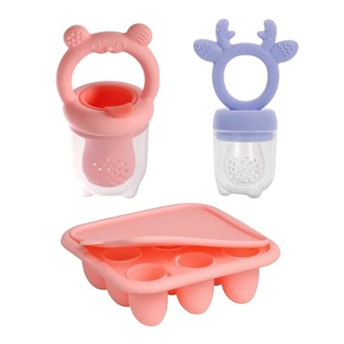 Silicone Baby Fruit Feeder Set with Freezer Tray, 2 Pack (Pink)