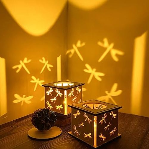 Dragonfly Projector Wood Candle Lantern Decorative-2PCS Small Lanterns for Decoration Home, Vintage Distressed Led Candle Holder for Best Friend，Rustic Mini Decor for Wedding-About 3 inch