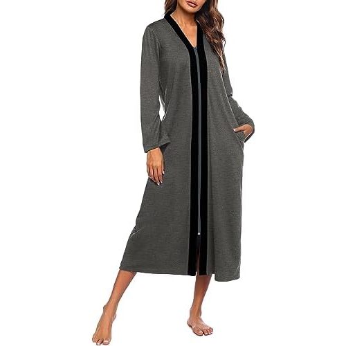 Ekouaer Women Zipper Robe Long Sleeve Loungewear Lightweight Housecoat Full Length Nightgown with Pockets