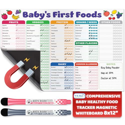 Baby First Food Tracker - 12x8" - Magnetic Chart White Board Foods Checklist for Fridge - Solid Food Tracking Essential - Refrigerator Dry Erase Sheet with Markers - Allergies Log - by Yes4Quality