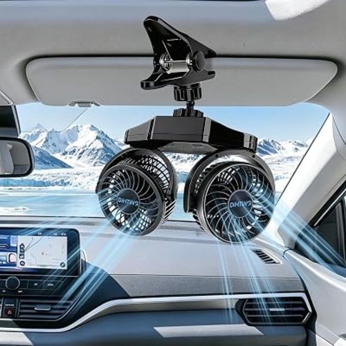 6000mAh USB-C Car Fan, Dual-Head Clip-On, Independent Controls