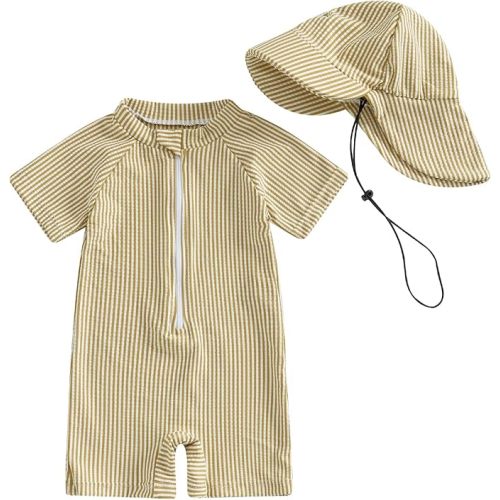 Toddler Baby Boys Seersucker Short Sleeve One Piece Rash Guard Swimsuit Zipper Bathing Suit Swimwear with Hat