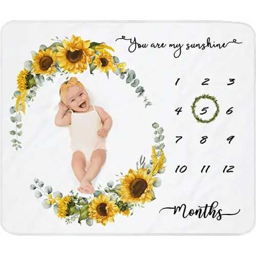 Baby Milestone Blanket for Baby Girl|Newborn Monthly Milestone Picture Blanket|Sunflower Nursery Decor|Baby Girl Photo Background Prop Blanket 45"x40" with Wreath and Headband
