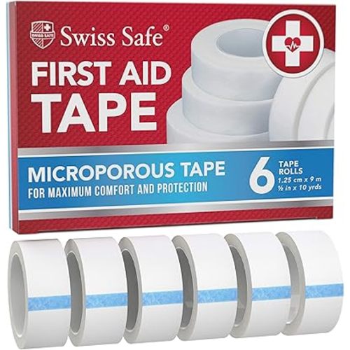 Swiss Safe First Aid Tape, Medical Microporous Surgical Tape, 5/8in Width x 10 Yards Length, Self Adhesive Paper Tape Bandage Rolls (6-Pack)