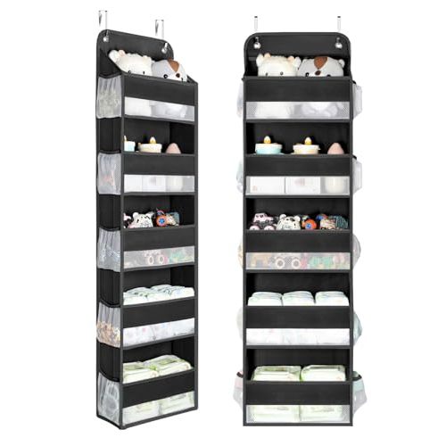 Yecaye 2 Pc Over the Door Organizer with 5 Bins 10 Side Pockets, 44lbs Load Hanging Bathroom and Bedroom Organizer, behind the Door Hanging Organizers for Nursery Newborn Baby Essential Stuff Black