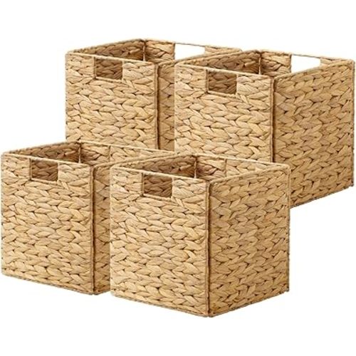 StorageWorks 10.5 inch Wicker Storage Baskets, Handwoven Wicker Basket for Organizinng, Foldable Water Hyacinth Square Storage Cubes, Natural, 4Pack