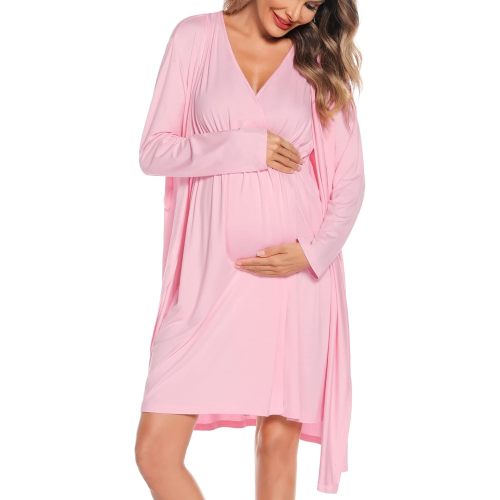 SWOMOG Women Maternity Nursing Gown and Robe Set 3 in 1 Labor Delivery Nightgown for Breastfeeding Hospital Bathrobe