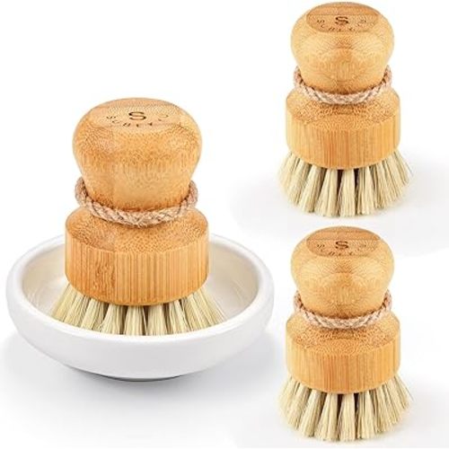 Bamboo Dish Scrub Brushes,Kitchen Wooden Cleaning Scrubbers Set for Washing Cast Iron Pan/Pot, Natural Sisal Bristles, Set of 3