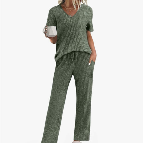 JiniGolla Women's Ribbed Knit Pajama Set 2 Piece Matching Pj Set Short Sleeve Top and Pants Lounge Set with Pockets