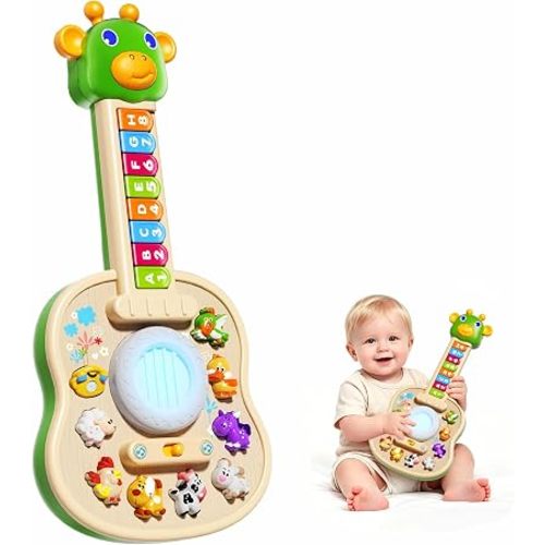 Baby Piano Musical Toys for 1 Year Old Boys, Kids Guitar with Animal Sounds & Lights, Montessori Educational Baby Toy 6-12-18 Months,Birthday Gifts for 1 2 Year Old boy Toys
