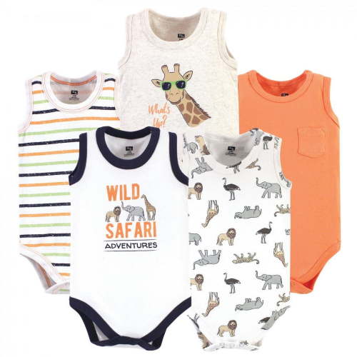 Hudson Baby Infant Boy Cotton Sleeveless Bodysuits 5pk, Wild Safari, 6-9 Months