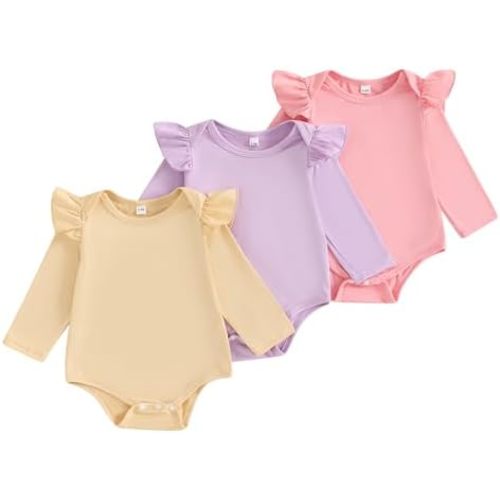 Bagilaanoe Newborn Infant Baby Girls Clothes Fall Winter Ruffle Long Sleeve Romper Solid Color Bodysuit 3-Pack Set