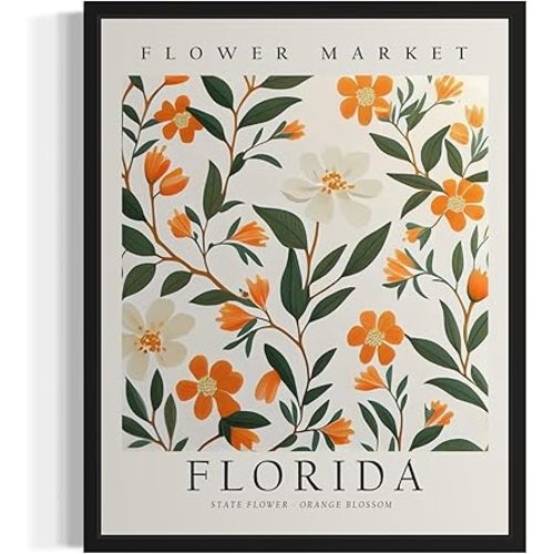 Florida Flower Market Art Print Poster State Wall Art, Botanical Floral Artwork Decor for Bedroom, Kitchen, Bathroom, Livingroom Decoration 61 (Florida, 10"L x 8"W, Unframed)