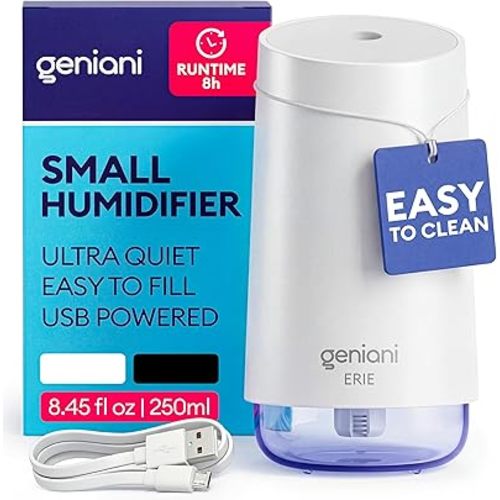 GENIANI Portable Cool Mist Humidifiers for Bedroom & Office - Ultrasonic Humidifier for Home, Baby, Small Room with Auto Shut Off, 250ML Easy to Clean Water Tank
