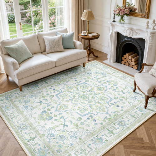 KoshiMe 5'x7' Washable Area Rug, Non-Slip Soft Low Pile Stain-Resistant Vintage Rug for Living Room, Bedroom, Dining Room, Green Blue