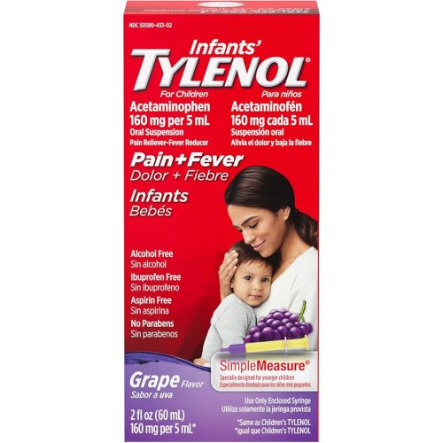 Infants' Tylenol Liquid Pain Relief & Fever Medicine, Oral Suspension, Acetaminophen for Sore Throat, Headache & Teething, Pain Reliever & Fever Reducer for Kids; Grape Flavor, 2 fl. oz.; Pack of 1