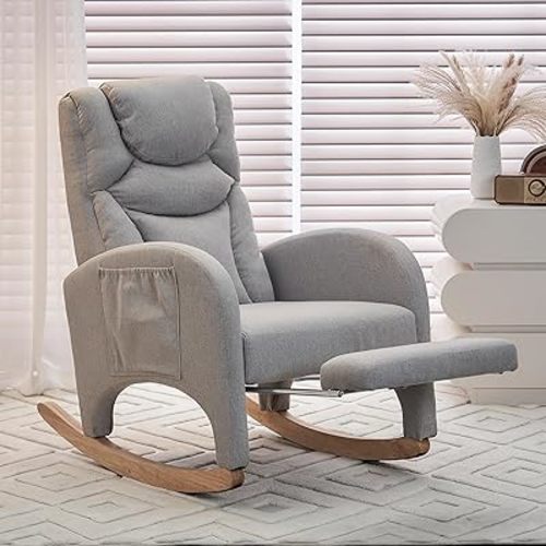 Rocking Chair Nursery with Foot Rest,Upholstered Teddy Glider Rocker with Wood Legs, Nursing Rocking Chair for Living Room/Nursery,Light Gray