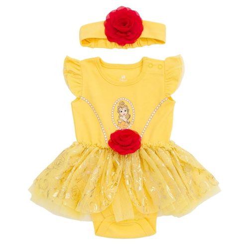 Disney Princess Baby Girls Cosplay Bodysuit With Skirt Overlay & Headband Outfit Set Newborn to Infant Sizes (0-24 Months)