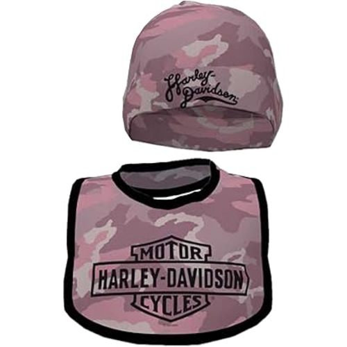 Harley-Davidson Baby Girls' Printed Camo Newborn Bib & Hat Set - Candy Pink