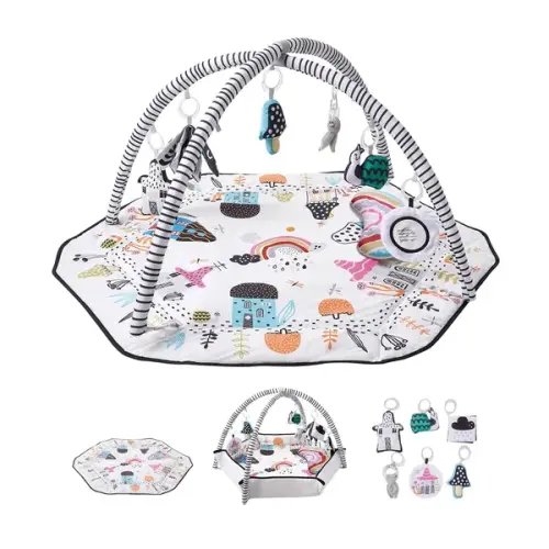 Large Baby Play Gym Mat 41.7" with 6 Detachable Sensory Toys,Soft Fabric for Tummy Time and Motor Skill Development,Fold-Up Sides for Easy Storage