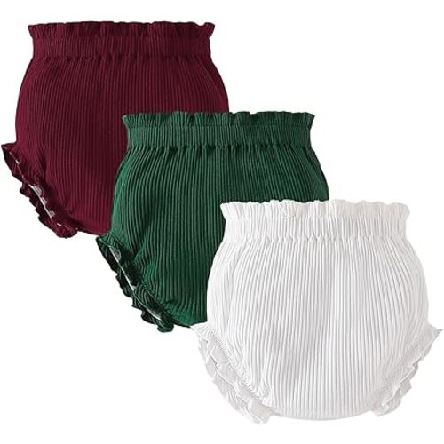 SOBOWO 3-Pack Bloomers for Baby Girls Diaper Covers Ribbed Ruffle Solid Triangle Baby Girl Shorts Summer Toddler Underwear