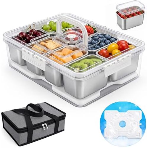 Homelove Snackle Box Container with Ice-Pack, Snack Container Divided Serving Tray with 8-Compartment Snack Platter, Lid and Handle, Food Organizer for Outdoor Travel Party Beach Picnic