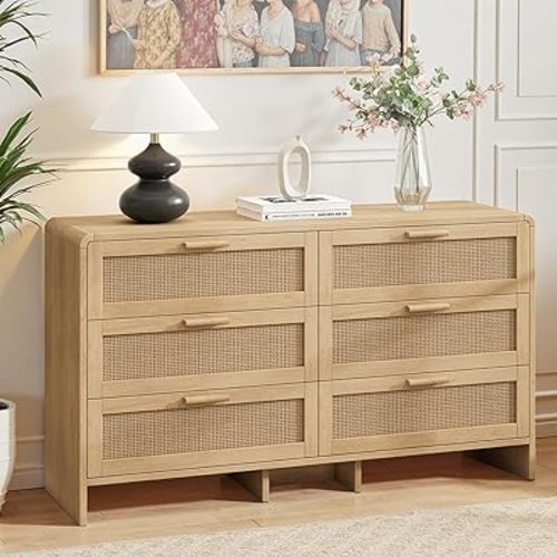 Dresser for Bedroom with 6 Drawers,51" Wide Rattan Dresser,Child-Safe Rounded Edges,Boho&Modern Chest of Drawers,Wooden Closet,TV Stand,Ample Storage Cabinet for Living Room,Hallway,Natural