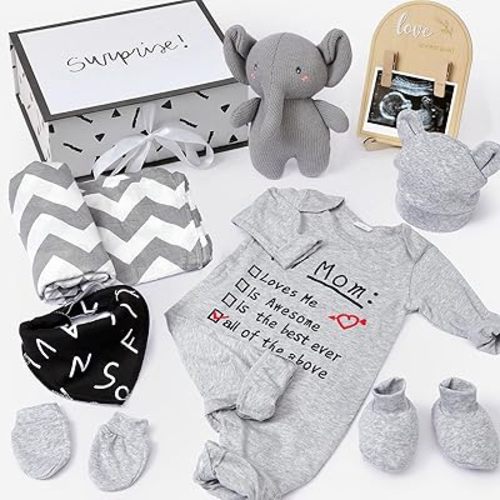 Golray Baby Shower Gifts for Boys Baby Boy Gifts Newborn Basket with Sonogram Picture Frame/Blanket/Onesie/Socks/Bib/Elephant Toy/Suitcase, Gender Neutral New Born Essential Stuff Unisex Baby Gift Set