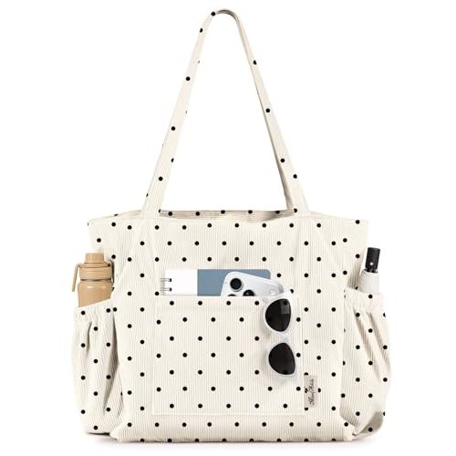 Cute Corduroy Tote Bag for Women - Large Capacity Multi-Pocket Shoulder Bag with Zipper