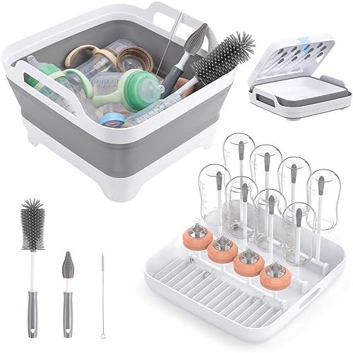 Collapsible Wash Basin for Baby Bottles with Drying Rack – 2.4 Gallon Foldable Dish Tub with Handles, Portable RV Camping Sink & Space-Saving Wash Bin with Lid for Kitchen, Travel & Outdoor