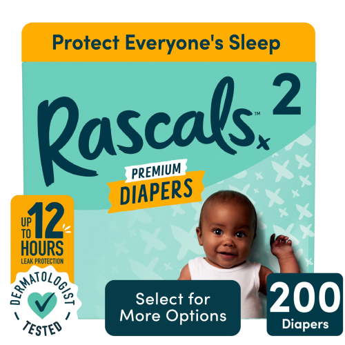 Rascal + Friends Premium Size 2 Diapers, 200 Count, Leak-Proof, Dermatologically Certified, Chlorine and Fragrance-Free