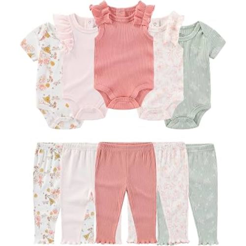 ZAVBABY Baby Bodysuit and Pant Set Cotton Ribbed Mix Infant Girl Clothes | Unisex newborn summer outfits 10-pcs,neutral and sweet style mixed bundle gift clothing set