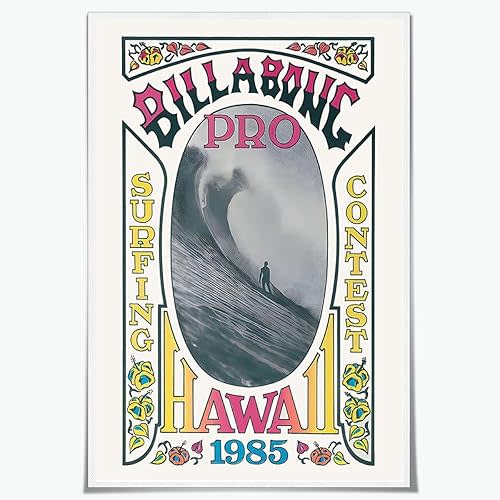Vintage Surfing Poster Billabong Pro Hawaii 1985 Retro Surf Contest Wall Art Classic Wave Rider Canvas Print Beach Sports Decor for Coastal Surfer Home Bar Man Cave 12x18inch Unframed