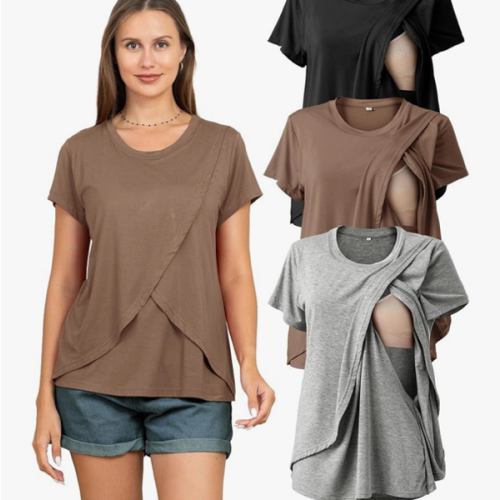 Rnxrbb 3 Pack Women's Nursing Tops for Breastfeeding Summer Short Sleeve T Shirts Postpartum Double Layer Clothes